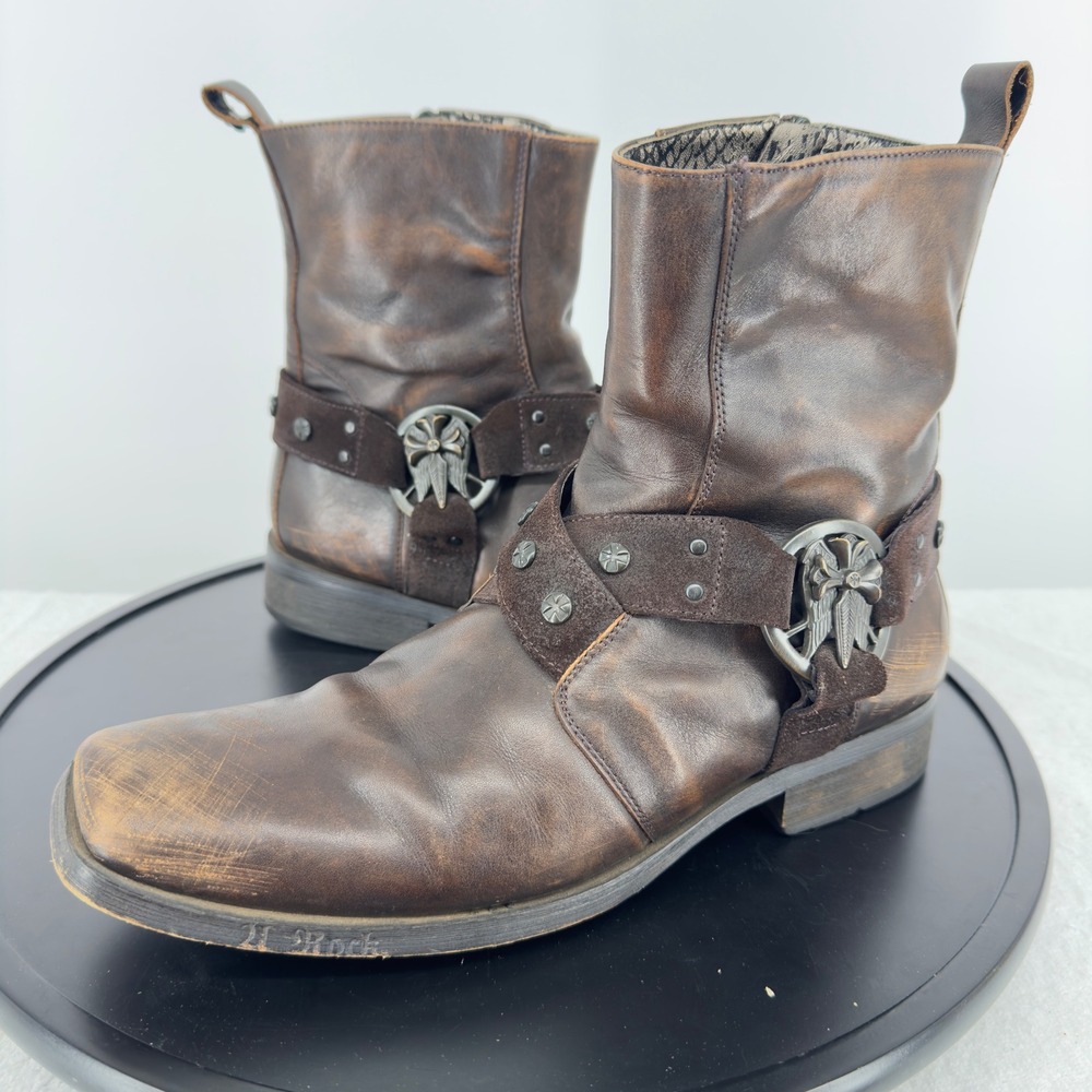 Mark Nason Lounge Brown Leather Harness Biker Boots Mens 8 Distressed Square Toe